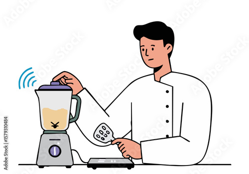 A young chef skillfully operates a blender, showcasing a modern kitchen setup. Clean lines and a bright color palette create a visually appealing and professional image.
