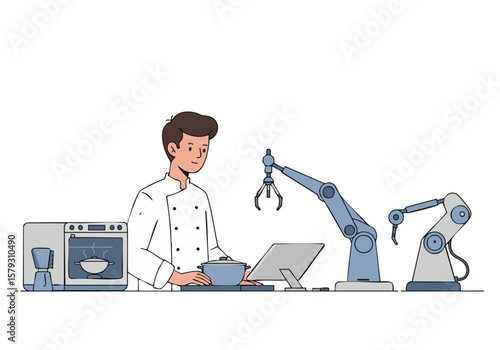 A chef oversees a futuristic kitchen with robotic arms and smart appliances. Modern, clean design showcases technology enhancing culinary work.  Bright, professional setting.