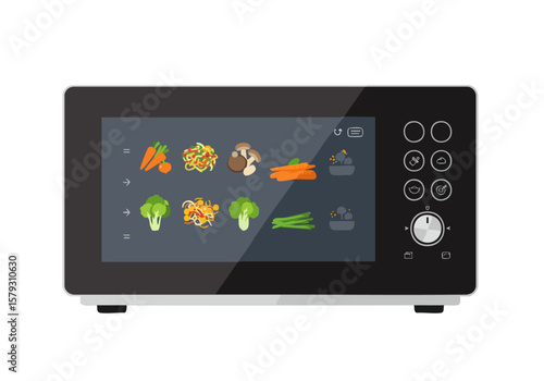 Modern smart oven display showcasing cooking options. Clean, intuitive touchscreen interface with vibrant food illustrations. Professional kitchen appliance design.