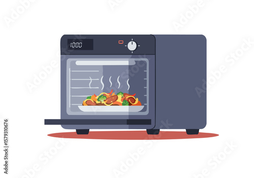 A stylized illustration of a modern convection oven with a digital display. It features food inside, conveying warmth and cooking. Clean, flat design.