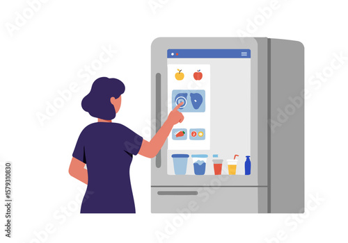 A woman interacts with a smart refrigerator touchscreen, showcasing optimized screen settings. Modern, clean design with a focus on technology and convenience.