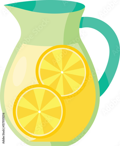 Beverage and Drink Refreshing Lemonade Pitcher with Slices of Lemon, Summer Drink Illustration, Flat Design, Vibrant Colors, Yellow...