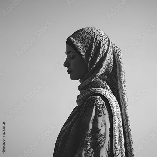 A serene black and white profile portrait of a woman wearing a patterned hijab and modest attire against plain background, conveying grace and cultural elegance