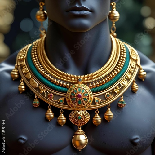 An exquisite, intricately designed traditional indian temple jewellery consisting of gold necklace and earring set featuring vibrant emerald green accents and ornate detailing on a black mannequin
