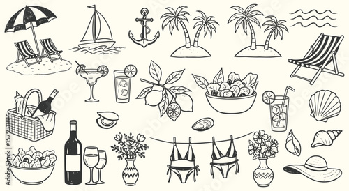 Big set of Hand drawn beach summer vector illustration elements. Black and white line art nautical, food, drink, object graphics for print, pattern, card, and holiday design projects.