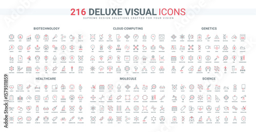 Cloud computing, database security and information transfer, science documents and research line icon set. Biotechnology, lab robot and computer thin black and red outline symbols vector illustration