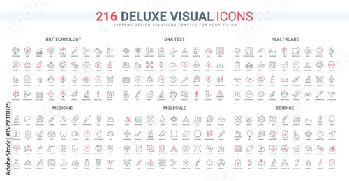 Biotechnology and medicine, science research and experiment, health check by doctor line icon set. DNA molecule and chromosomes cut, test thin black and red outline symbols vector illustration