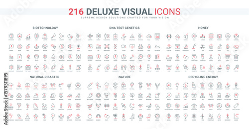 Nature disaster risk, DNA and biotechnology research in laboratory, recycling line icon set. Honey and plant cultivation, beekeeper in lab thin black and red outline symbols vector illustration