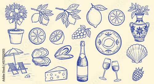 Italian Coastal food and drink vector illustration set. Vintage engraving style elements like lemon tree, lemons, grapes, seafood, cheese, wine, beach scene for travel, vacation, and menu design.