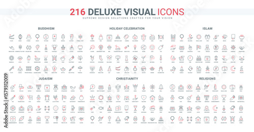 World religions, priests of different confessions, holidays and traditions line icon set. Judaism, Christianity, Islam, Buddhism ritual thin black and red outline symbols vector illustration
