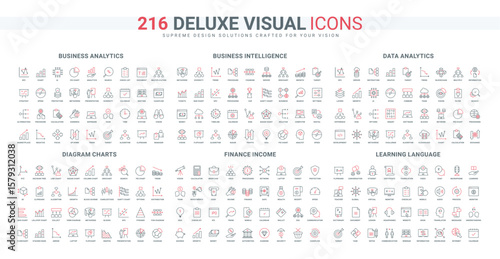 Business intelligence and financial analytics, graphic data report, finance income, savings line icon set. Speech and foreign language learning thin black and red outline symbols vector illustration