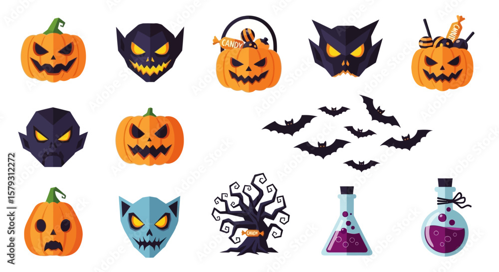 Fototapeta premium Halloween themed flat design icons featuring jack-o'-lanterns, bats, and spooky elements.