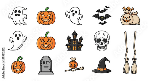 Halloween themed graphic icons featuring ghosts, pumpkins, bats, skulls, tombstones, a haunted house, and witch's hat.