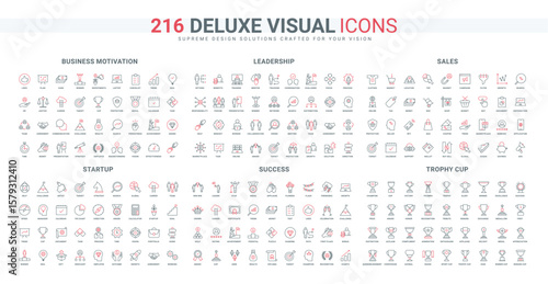 Business startup solutions, efficiency, motivation for leadership and growth line icon set. Conversion filter and marketing for success sales thin black and red outline symbols vector illustration