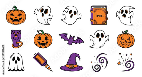 Halloween themed vector illustration featuring pumpkins, ghosts, a bat, a spell book, a witch's hat, a monster, and swirling magical effects.