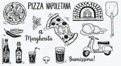 Neapolitan Pizza and Italian Food vector illustration set. Hand drawn black and white line art elements like pizza, oven, tomato, mozzarella, scooter for menu, restaurant, and cooking design.