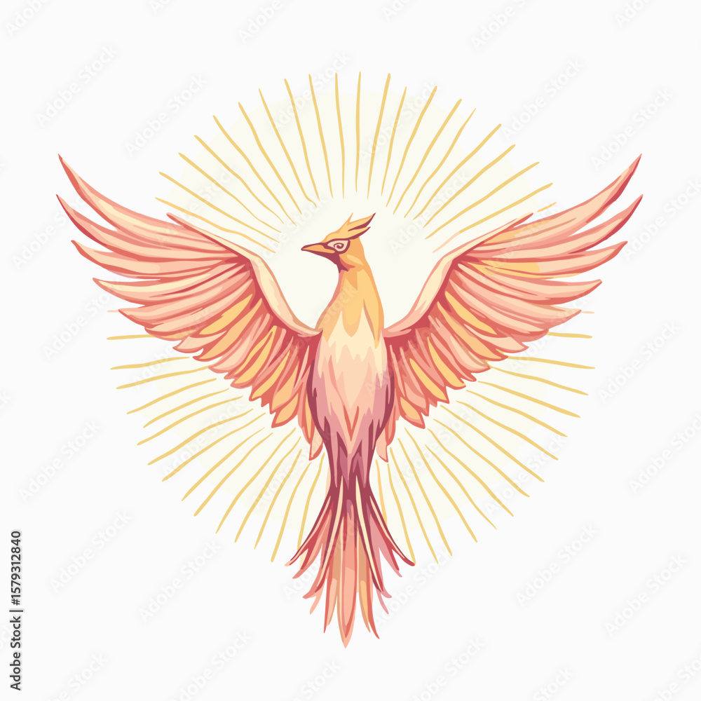 Obraz premium Colorful phoenix bird illustration with sun rays in the background 