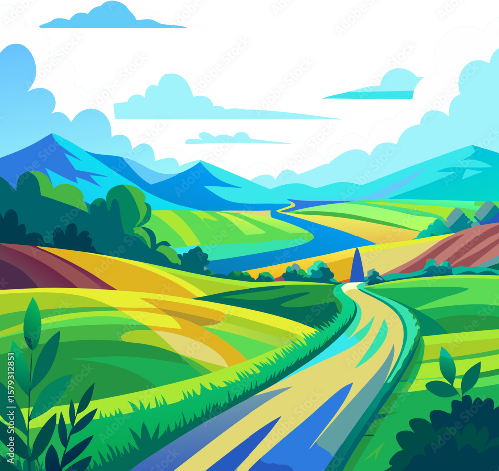 Obraz premium Abstract summer landscape with green field, blue sky and country road in watercolor style stock illustration