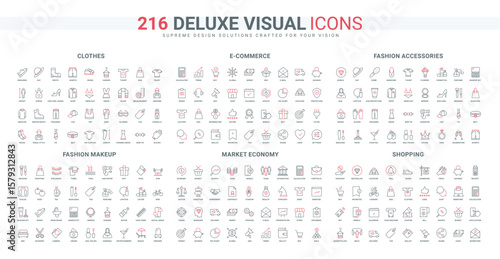 Online commerce and shopping in retail store, market economy and commercial price line icon set. Fashion clothes on hanger, accessory and makeup thin black and red outline symbols vector illustration