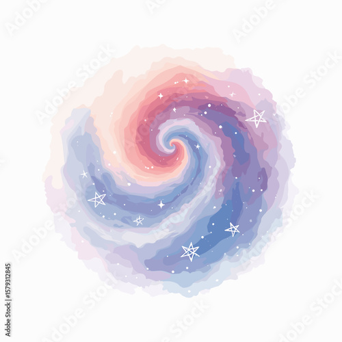 Colorful spiral galaxy illustration with stars and soft pastels  