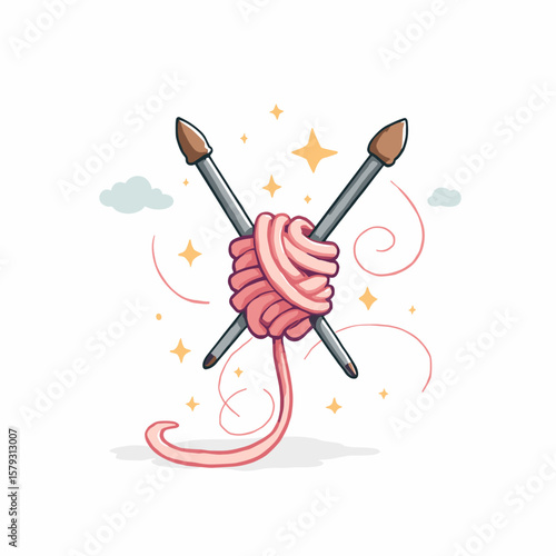 Knitting needles crossing with pink yarn and sparkling accents  