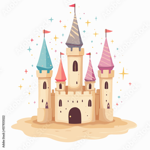 Fantasy castle illustration with colorful towers and flags  