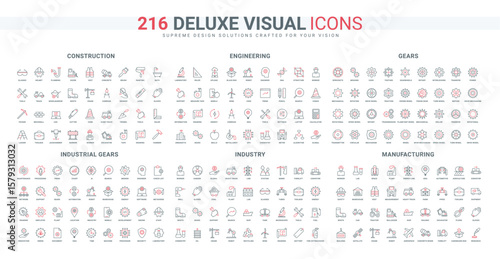 Construction industry, engineering, industrial process and structure, machinery line icon set. Manufacturing, factory and engine gears, chemical thin black and red outline symbols vector illustration