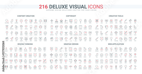 Content creation and social media followers and likes, creative tools, web applications and services line icon set. Copyright protection for idea thin black and red outline symbols vector illustration