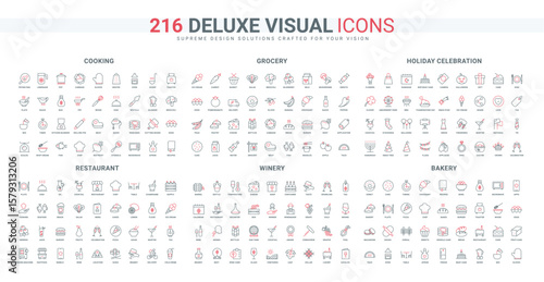 Restaurant and bakery, winery and wine catalog, cooking tools line icon set. Food of grocery shop, retail store and market, season holidays thin black and red outline symbols vector illustration