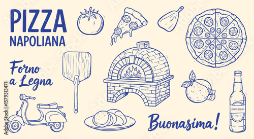 Neapolitan Pizza and Italian Food vector illustration set. Hand drawn line art elements like pizza, oven, tomato, mozzarella, scooter for menu, restaurant, and cooking design projects.