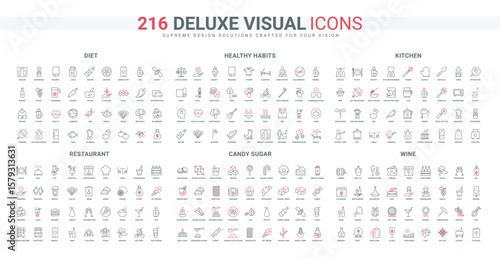 Restaurant and cooking, healthy habits, food recipe and drink line icon set. Wine production, storage and tasting, sugar and sweet candy thin black and red outline symbols vector illustration