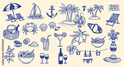 Big set of vintage beach summer vector illustration elements. Hand drawn line art nautical, food, drink, object graphics for print, pattern, card, and holiday design projects.