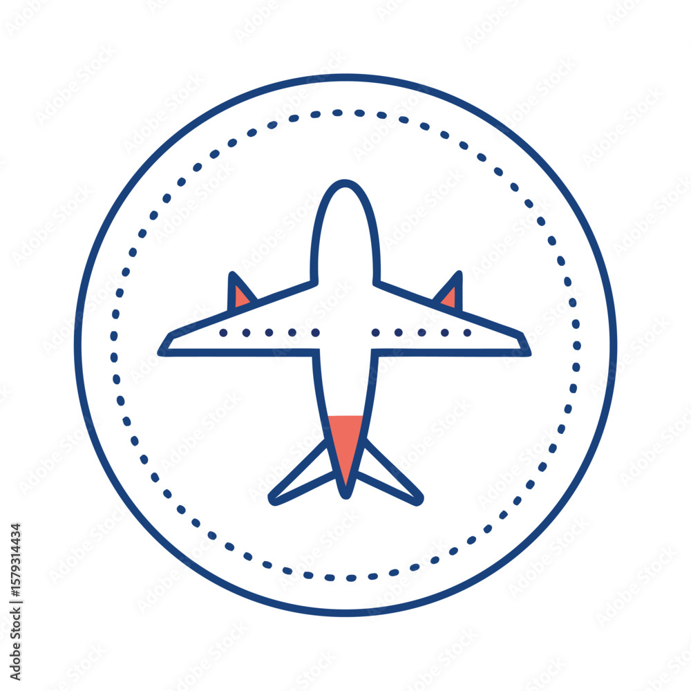 Fototapeta premium A minimalist round airplane icon with a dashed circular path, representing flight or global journey.