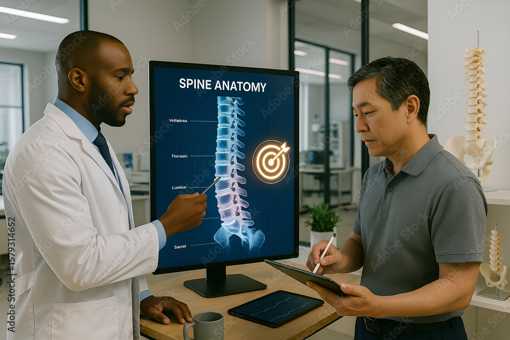 Fototapeta premium Doctor explaining spine anatomy to patient using digital display for medical consultation and diagnosis