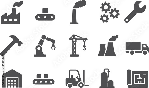 Industrial factory equipment and machinery icons industry production