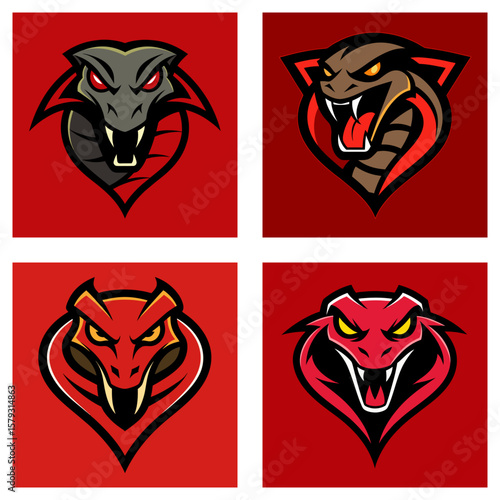 Four square designs featuring cobra heads in various colors on a red background design layout