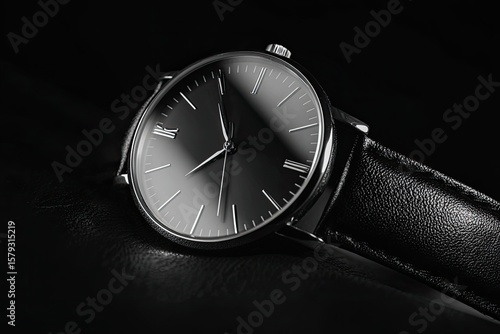 Wallpaper Mural Sleek, minimalist silver wristwatch with a black leather band and dark gray dial, rests on a dark surface; subtly lit Torontodigital.ca