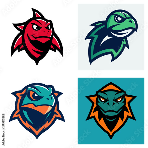 Illustration of four turtle mascot logos with varying colors and aggressive expressions displayed nicely