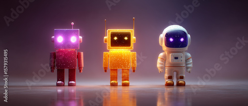 Robots and astronaut stand in a row with luminous eyes, a pink robot, a golden robot with antennas, and an astronaut suit in a dimly lit setting robot, astronaut, space, technology, future, toy, artif