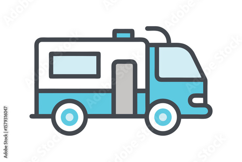 Stylized Icon of a Blue and White Camper Van for Travel and Recreation