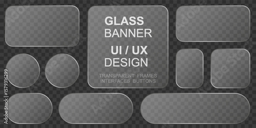 Glass buttons panel and elements set. Plastic screen display. Transparent frames and buttons. Modern UI and UX design. Blank  glass plate mockup