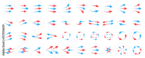 Arrow wind air flow set icons, hot and cold wind flow, airflow and ventilation, climate control, air direction circulation motion and strength signs