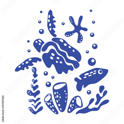 Blue silhouettes of sea inhabitants and algae with bubbles under water in simple style. Underwater world. Monochrome picture stamp with sea fish and jellyfish. Vector for stickers, textiles, postcards