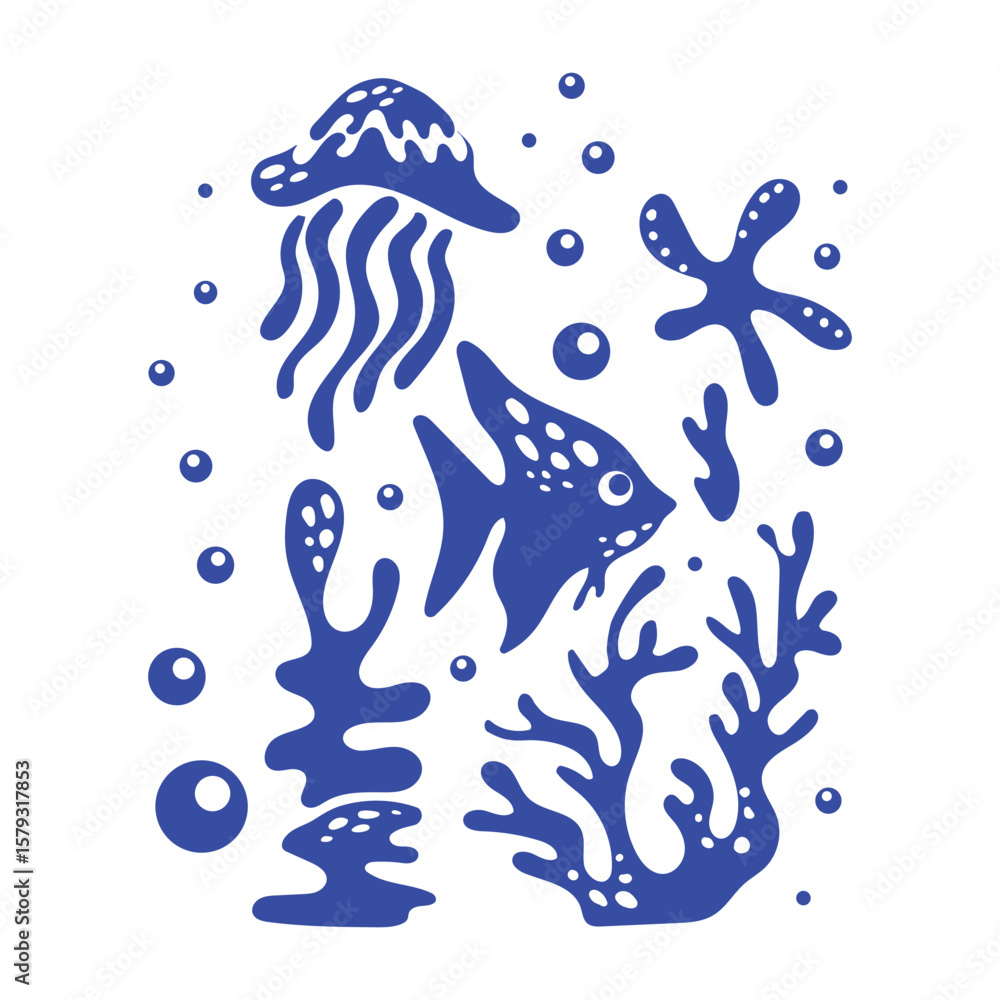 Naklejka premium Blue silhouettes of sea inhabitants and algae with bubbles under water in simple style. Underwater world. Monochrome picture stamp with sea fish and jellyfish. Vector for stickers, textiles, postcards