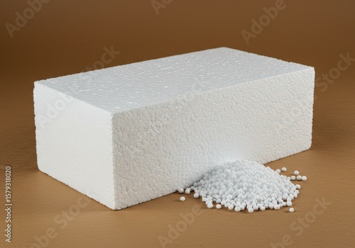White Styrofoam Packaging Block and EPS Beads Against Brown Background A Close-Up of Industrial Insulation and Packing Materials