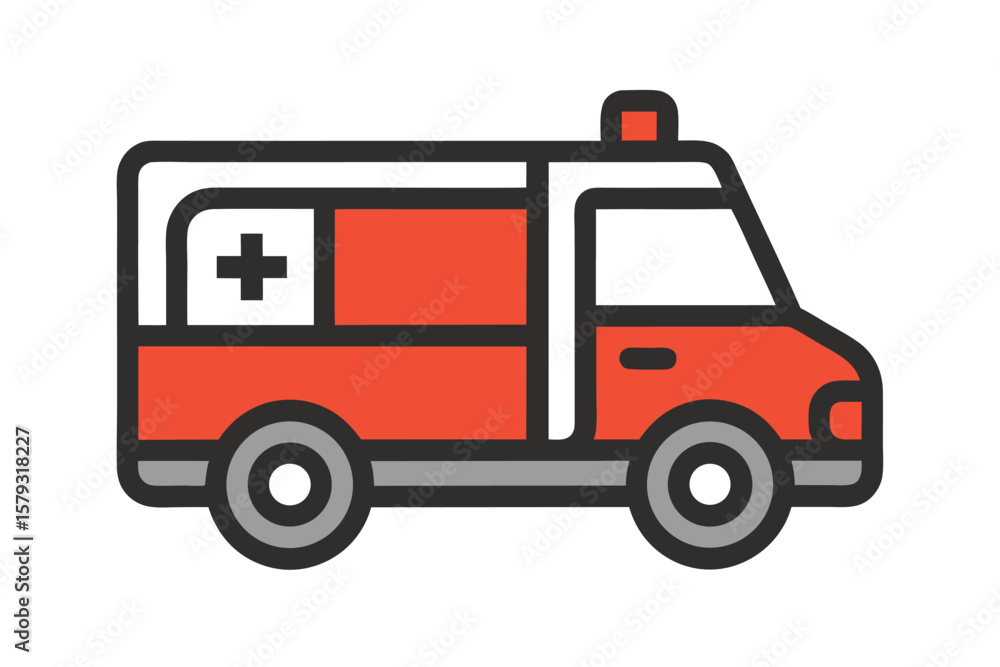 Fototapeta premium Red and White Ambulance Icon with Black Outline on a White Background