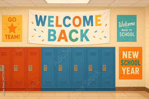 Welcome Back to School: Hallway with Banners and Lockers