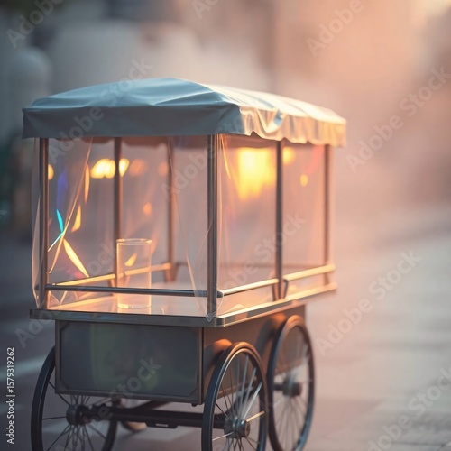 A photograph of a cart with a soft dreamy atmosphere, featuring iridescent colors and reflections, hazy soft light