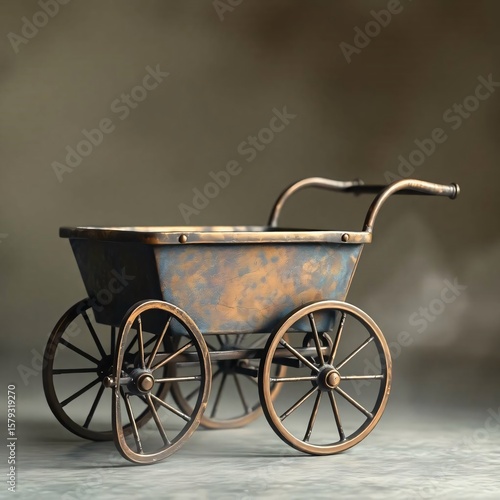 A photograph of a cart with a soft dreamy atmosphere, cast in bronze with an antique patina finish, hazy soft light