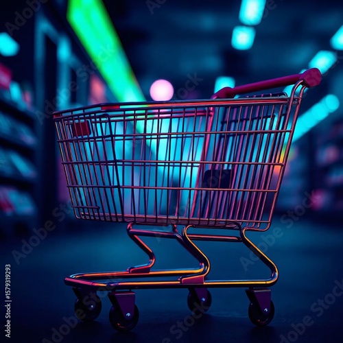 A shopping cart rendered in a dramatic cinematic style, featuring cool colors like blues, greens, and purples, with film-like composition and lighting